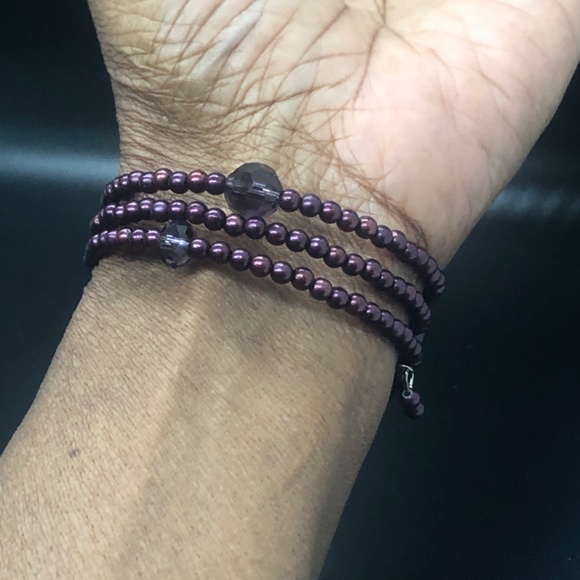 Eggplant Purple Faux Pearl 3 Coil Strand Wrap Bracelet - Picture 8 of 15